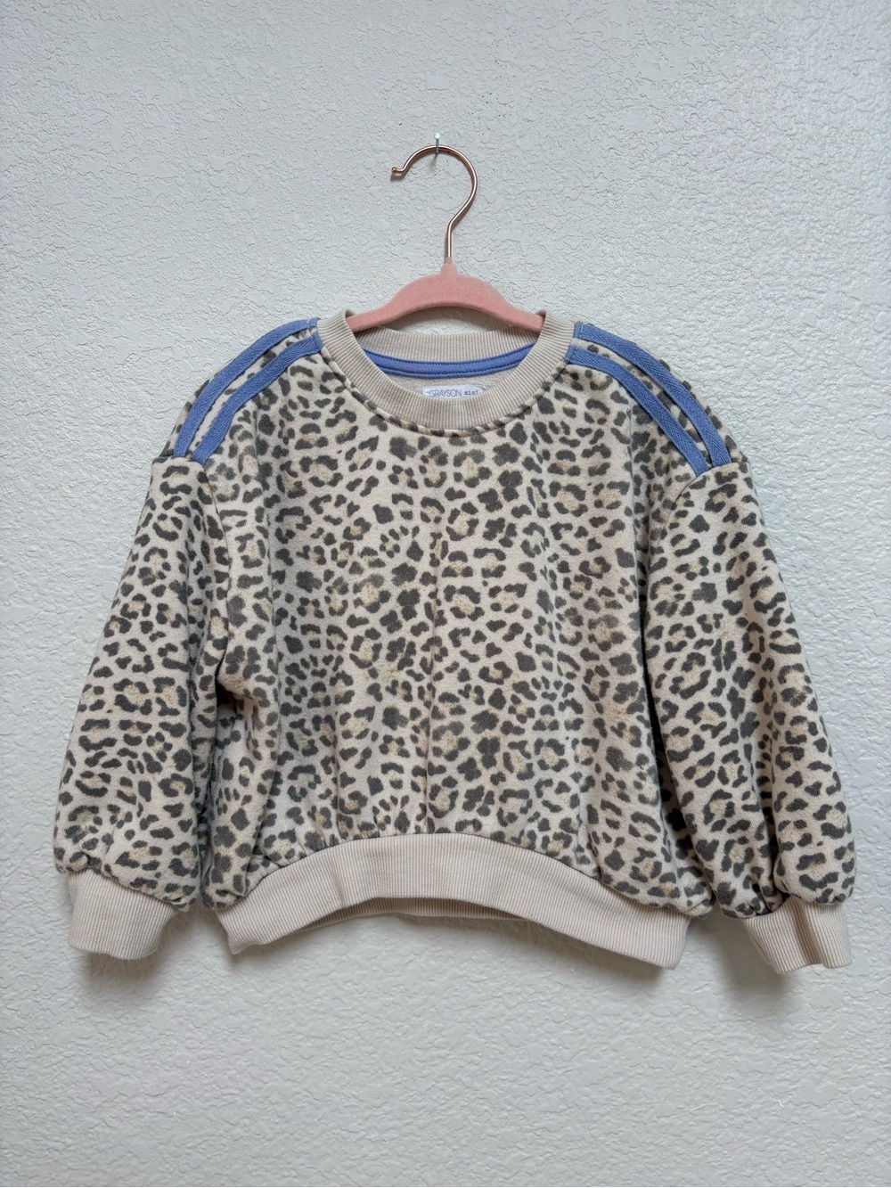 Grayson Mini Toddler Girl Leopard Print Crew Neck Sweatshirt w/ Shoulder Stripes
